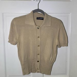 Dolce and Gabbana Camel Knit Short-sleeve Collared Top with button front